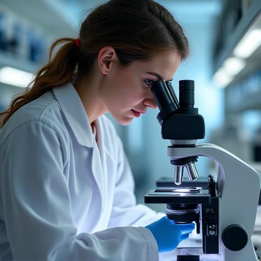 A scientist using a modern digital microscope in a lab.